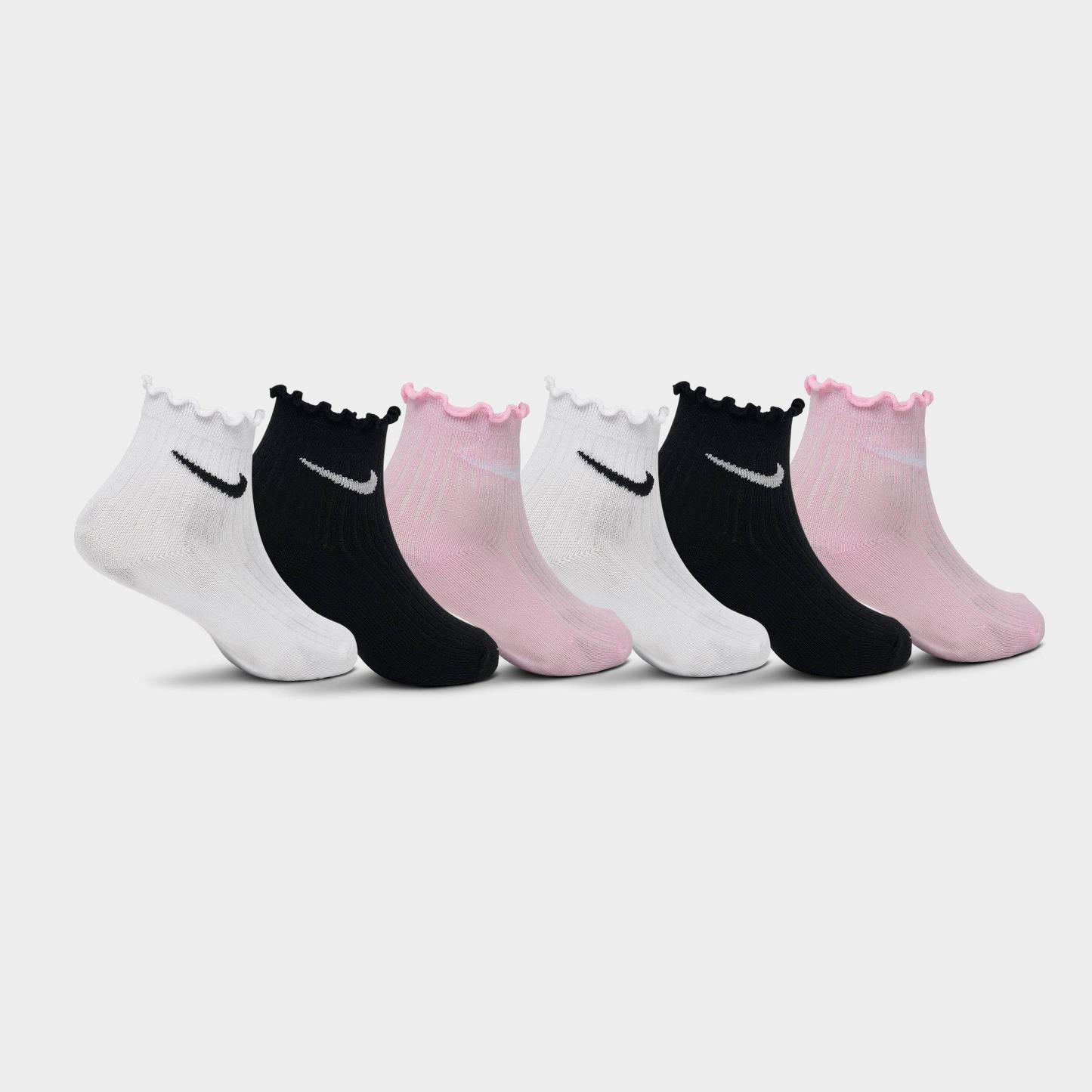 Little Kids' Nithtke Preschool Lettuce Welt 6-Pack Quarter Socks - Black/White/Pink