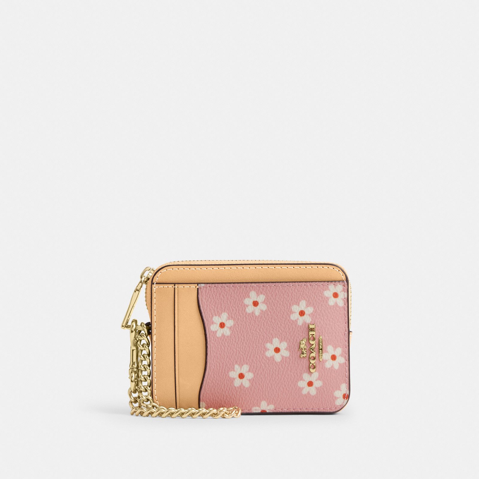 Zip Card Case With Floral Print - Gold/Pink Multi