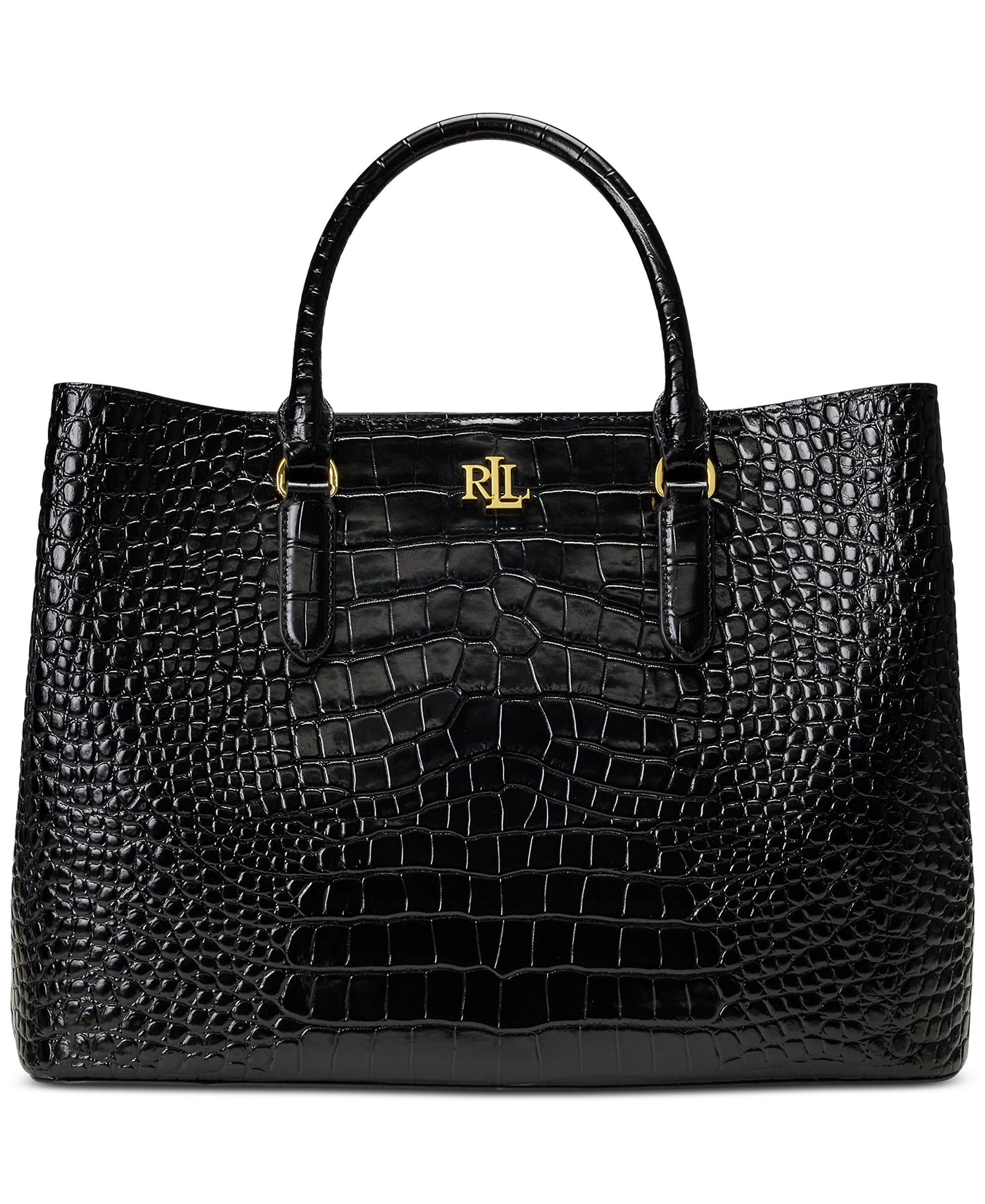 Lauren Ralph Lauren Marcy Large Embossed Satchel Bag - Black/Gold