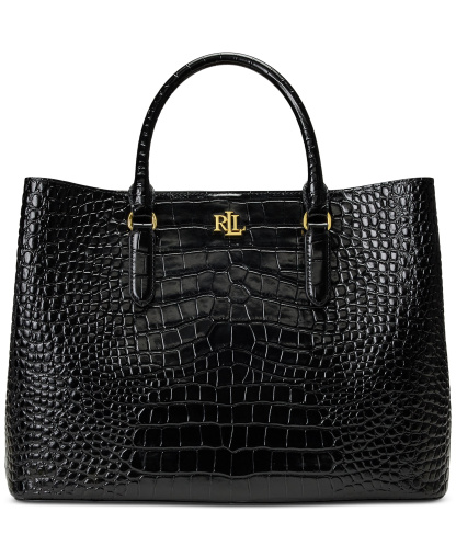 Lauren Ralph Lauren Marcy Large Embossed Satchel Bag - Black/Gold
