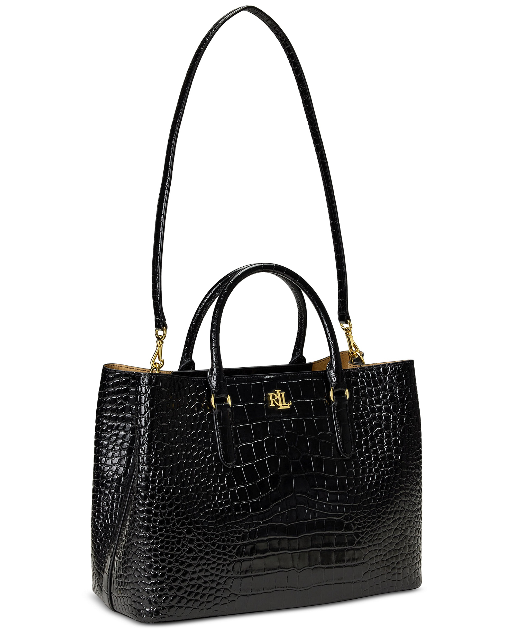 Lauren Ralph Lauren Marcy Large Embossed Satchel Bag - Black/Gold