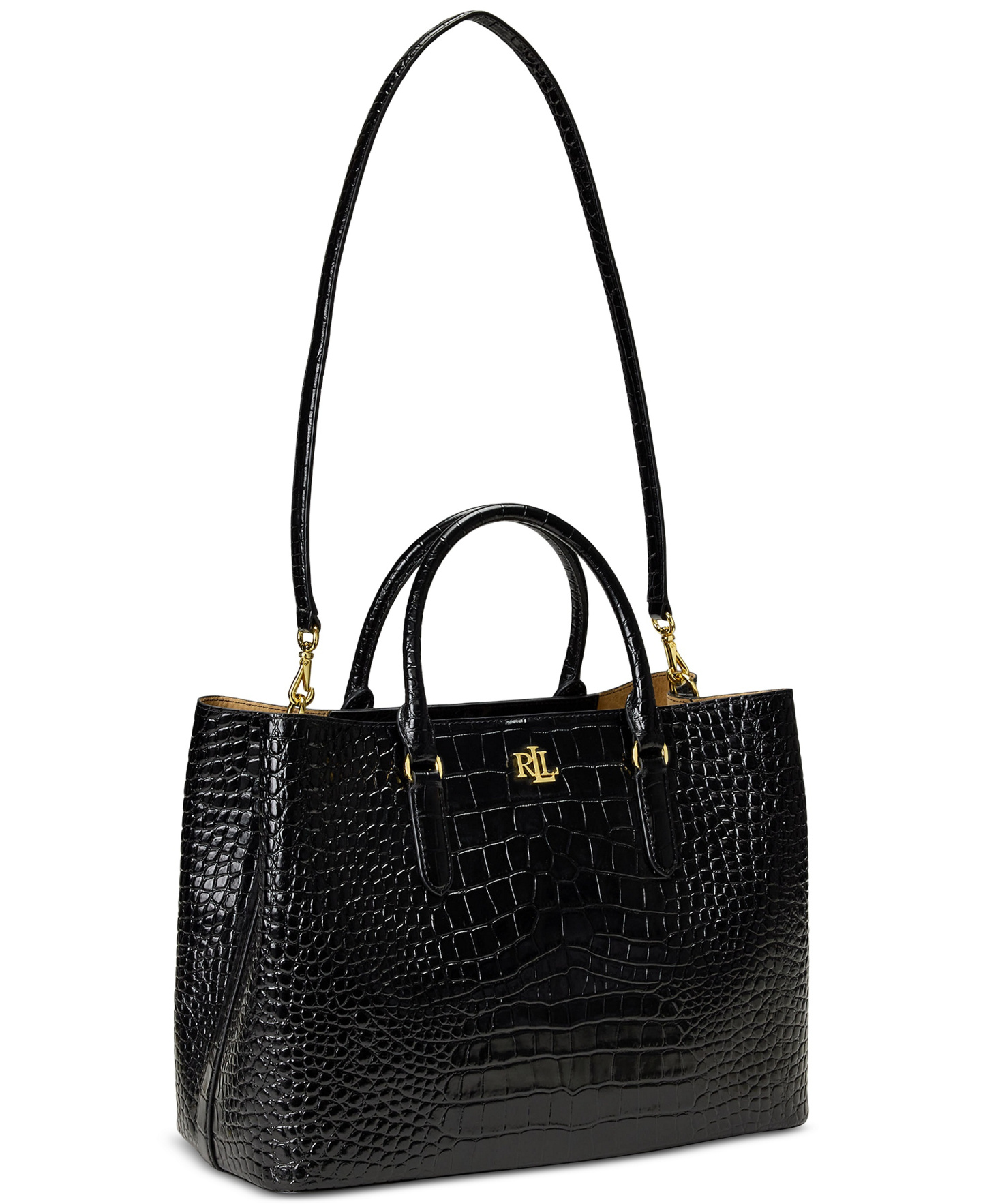 Lauren Ralph Lauren Marcy Large Embossed Satchel Bag - Black/Gold