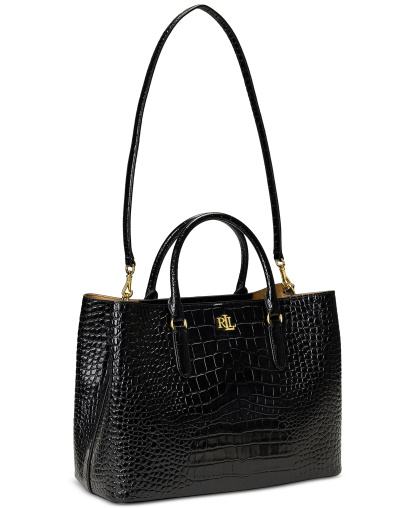 Lauren Ralph Lauren Marcy Large Embossed Satchel Bag - Black/Gold