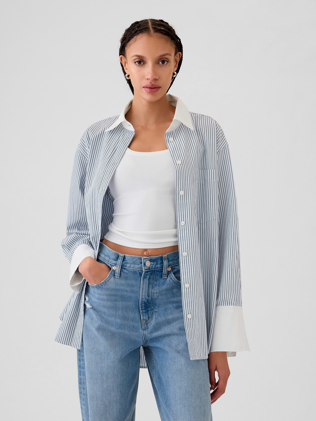 Organic Cotton Poplin Stripe Big Shirt - Blue and white stripe