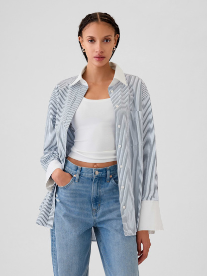 Organic Cotton Poplin Stripe Big Shirt - Blue and white stripe