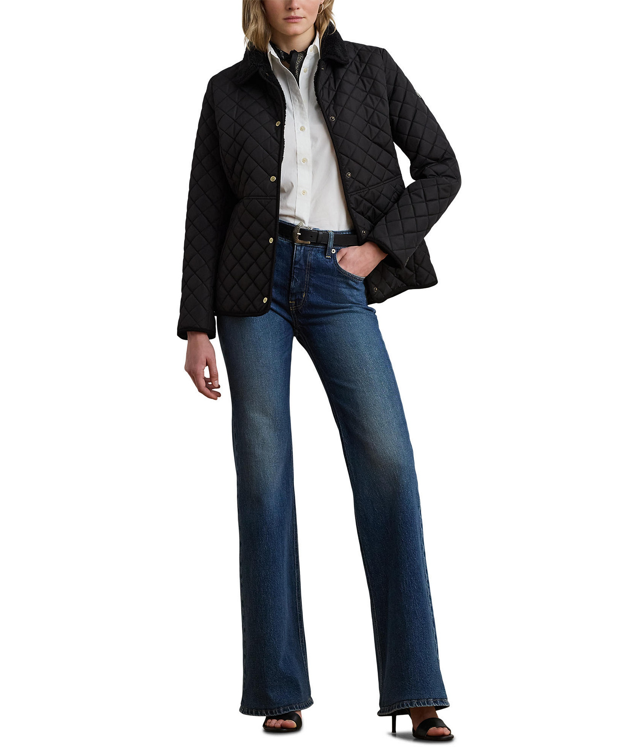 Lauren Ralph Lauren Women's Faux-Sherpa-Collar Quilted Coat, Created for Macy's - Black