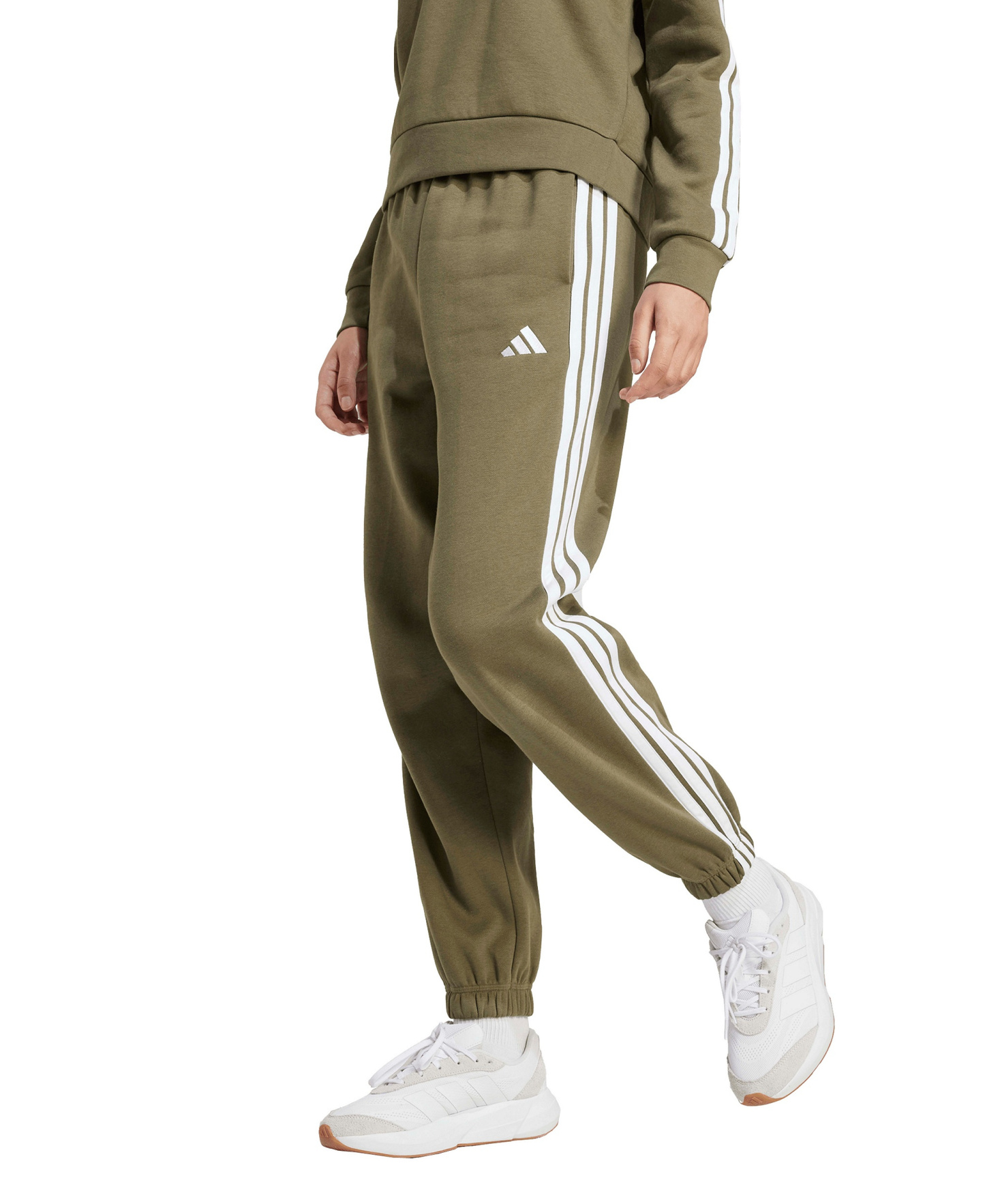 adidas Women's Essentials 3-Stripes Pull-On Fleece Loose Pants - Olive Strata/White