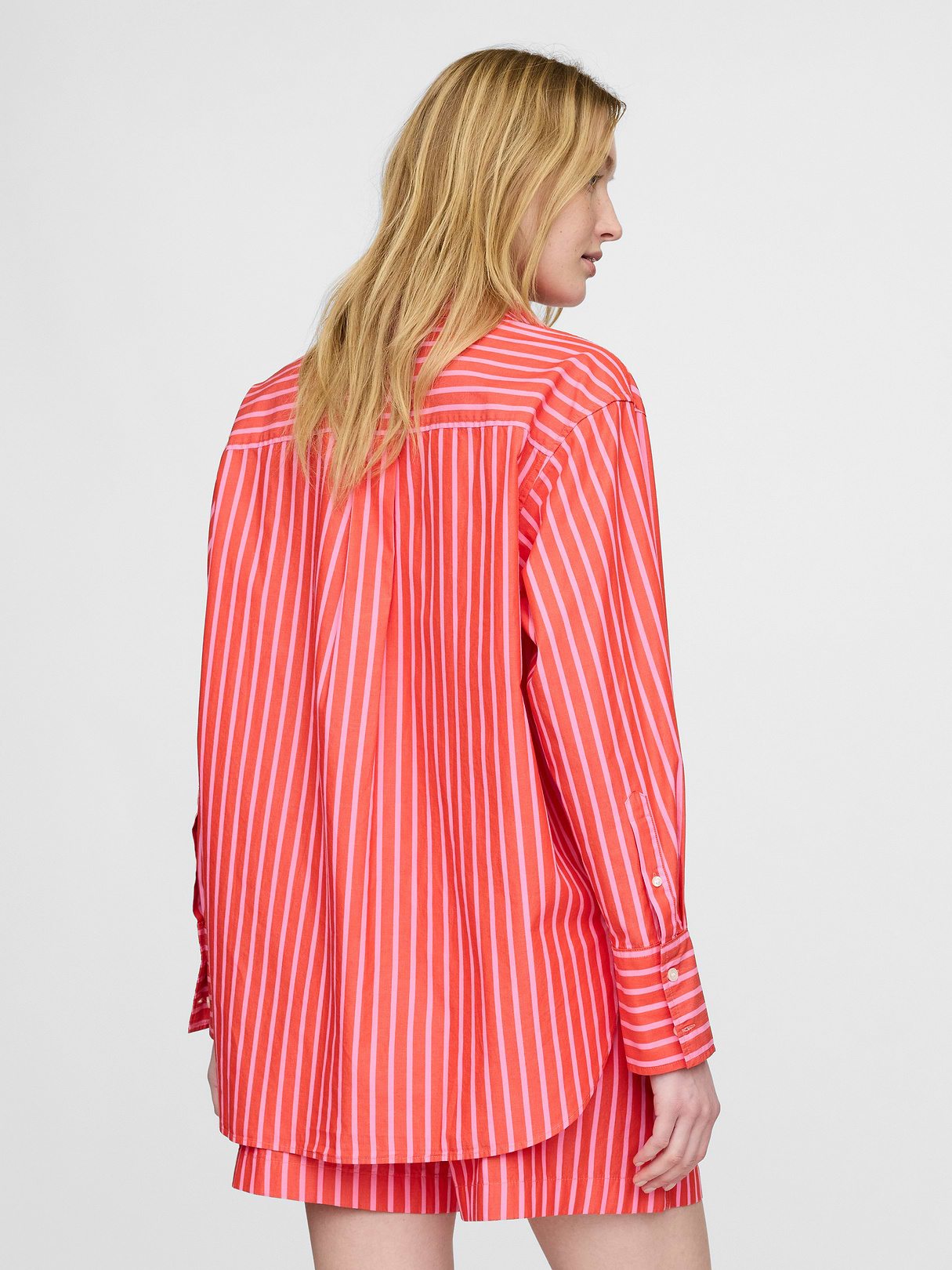 Organic Cotton Poplin Stripe Big Shirt - Pink and red stripe