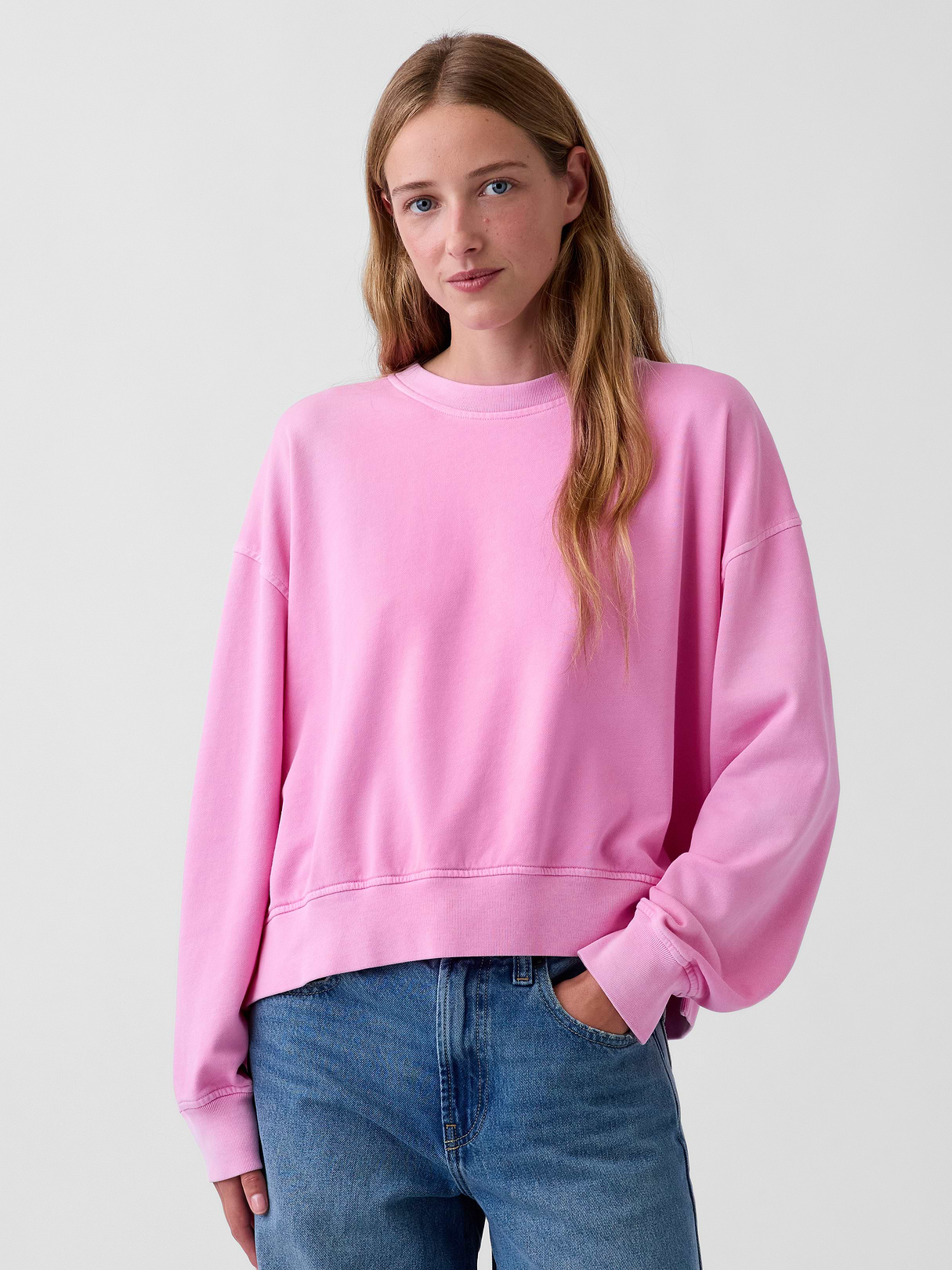 VintageSoft Terry Oversized Wedge Side-Slit Sweatshirt - Pretty pink