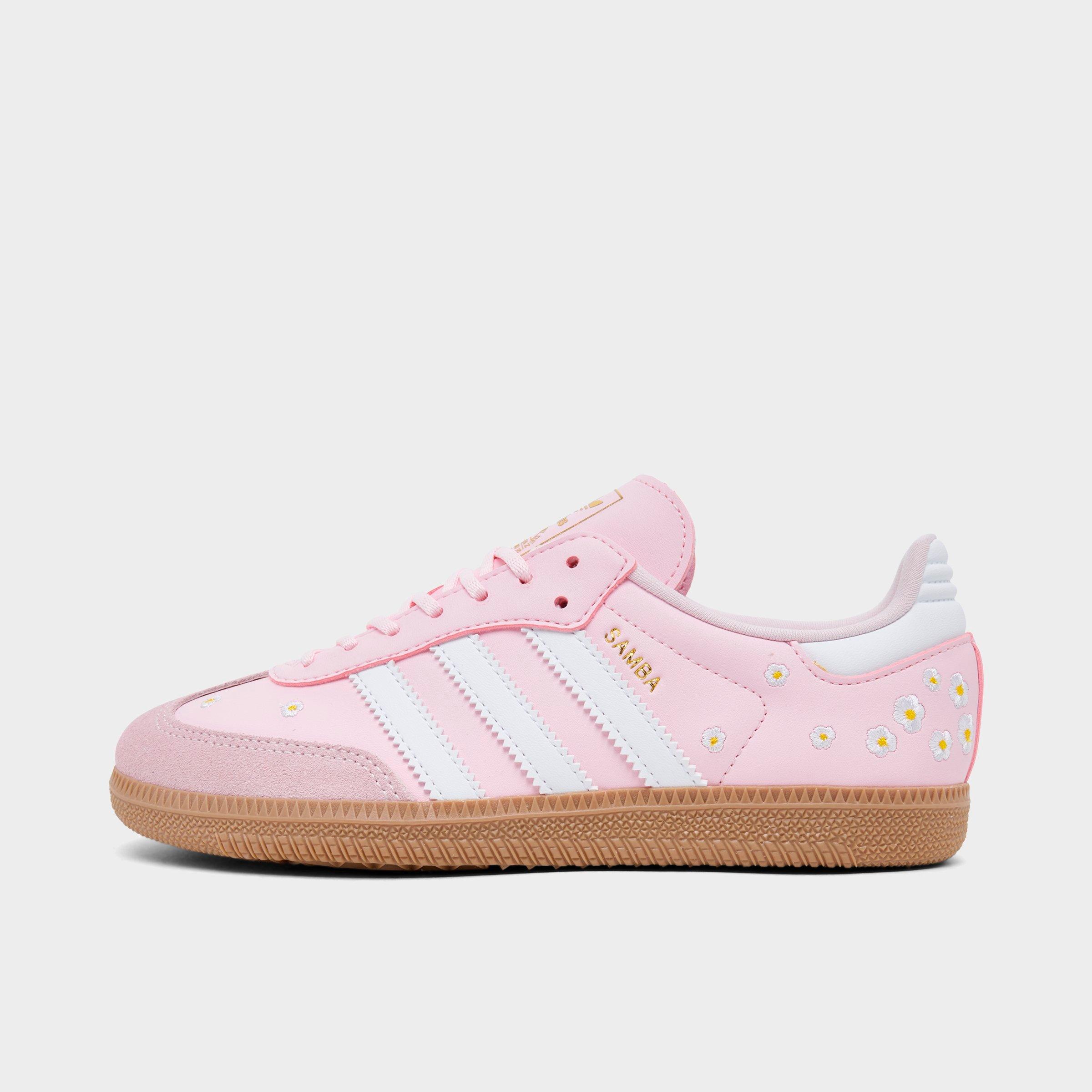 Big Kids' adidas Originals Samba OG Casual Shoes - Part 2 - Clear Pink/White - Left shoe facing left. Outside of the shoe.