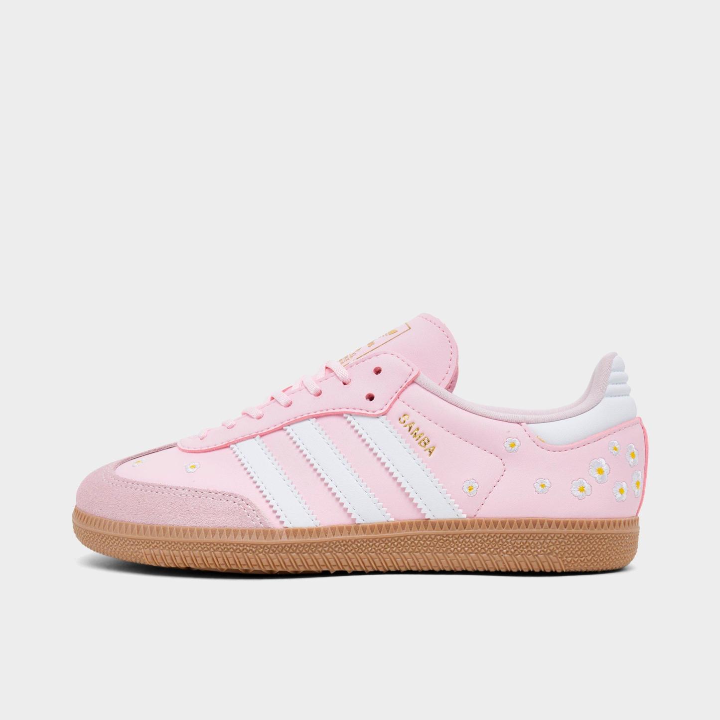 Big Kids' adidas Originals Samba OG Casual Shoes - Part 2 - Clear Pink/White - Left shoe facing left. Outside of the shoe.