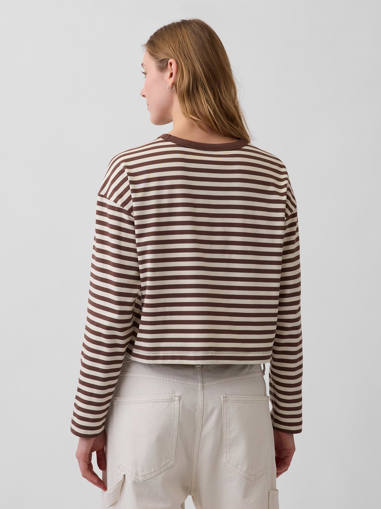 Knit Oversized Crop T-Shirt - Brown stripe