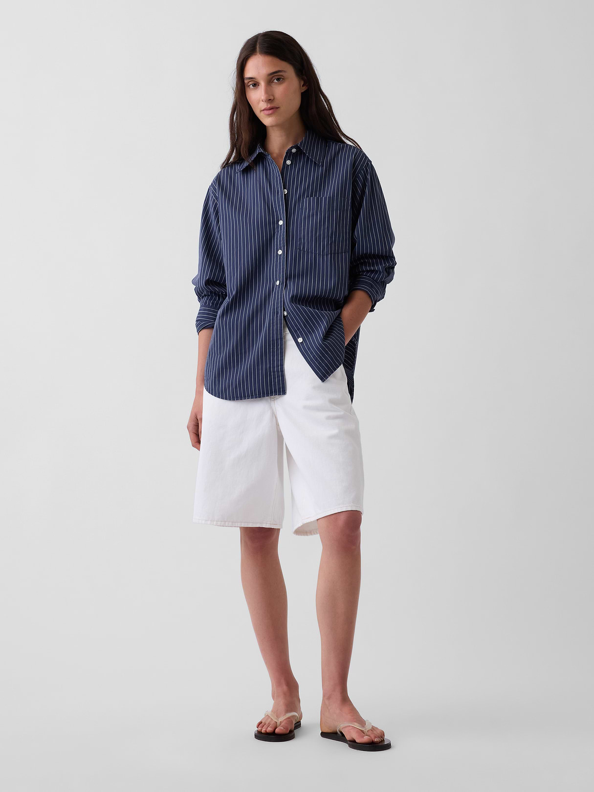 Organic Cotton Poplin Stripe Big Shirt - dark blue stripe