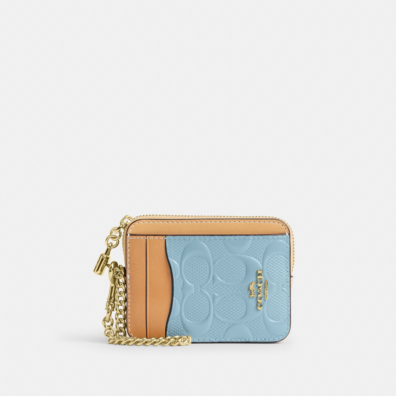 Zip Card Case In Signature Leather With Charm - Gold/Light Blue