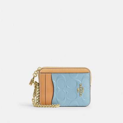 Zip Card Case In Signature Leather With Charm - Gold/Light Blue