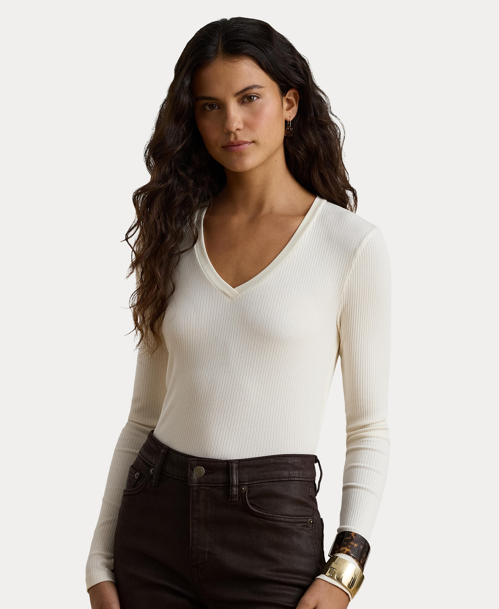 Lauren Ralph Lauren Women's Rib-Knit Long-Sleeve V-Neck Top - Mascarpone Cream
