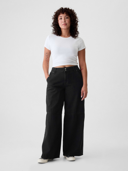 Mid Rise Denim Stripe Baggy Jeans - Black noir