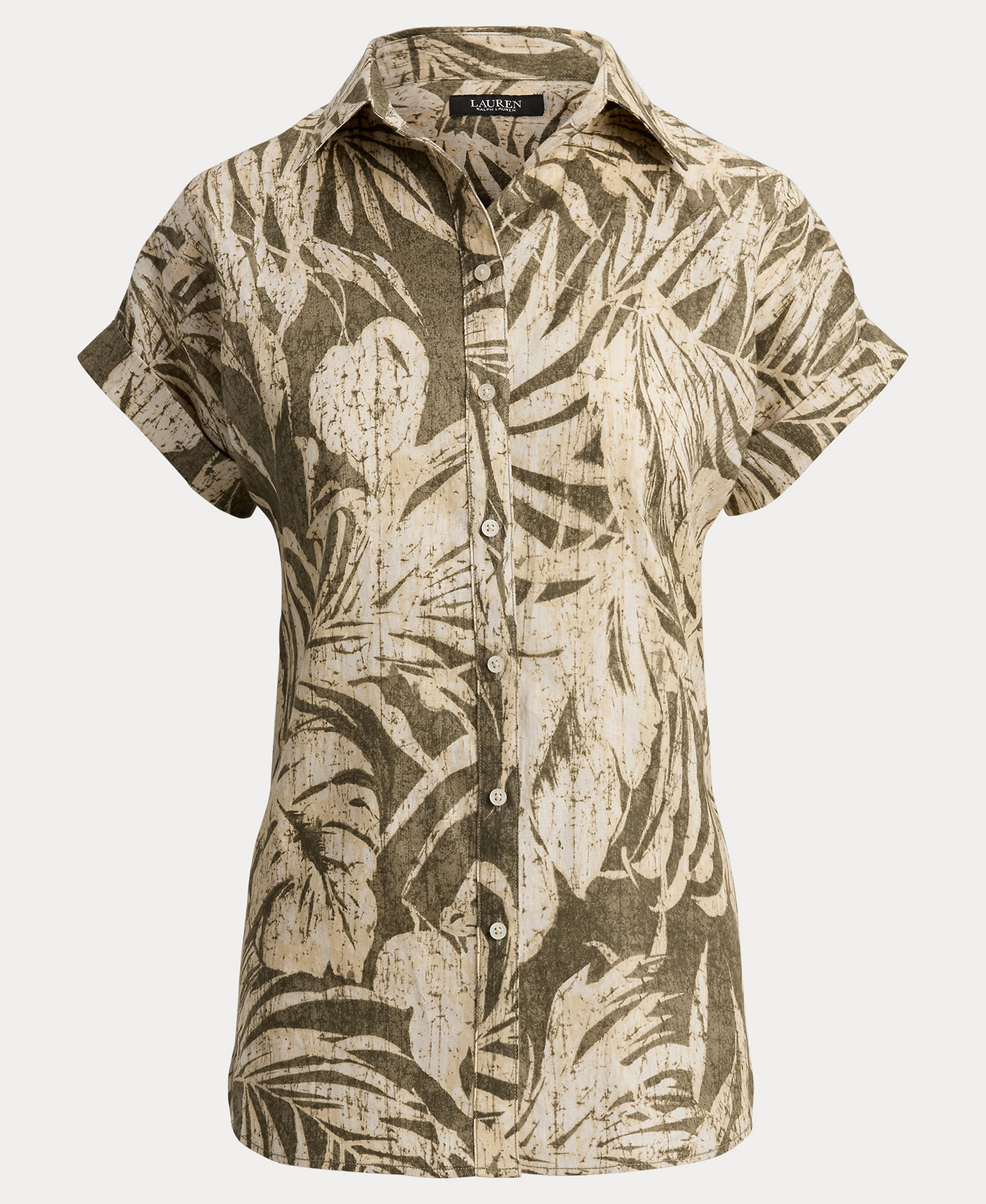 Lauren Ralph Lauren Women's Printed Point Collar Short-Sleeve Shirt - Olive Multi