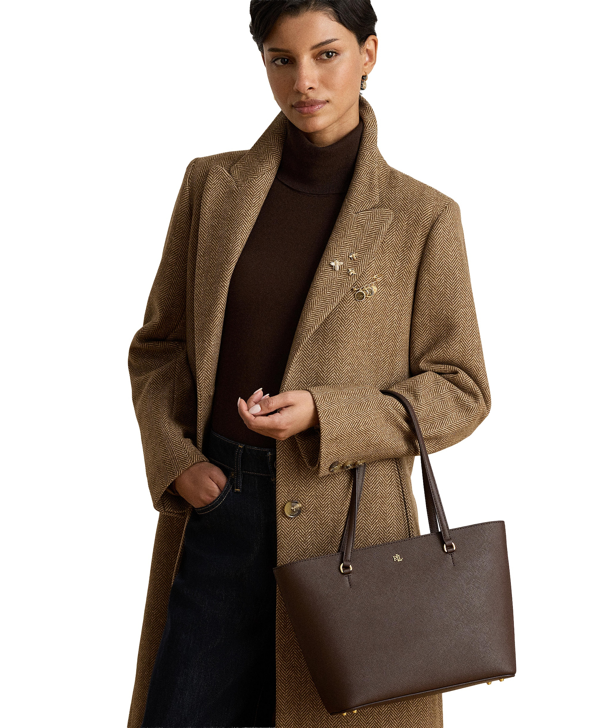 Lauren Ralph Lauren Crosshatch Leather Karly Medium Shopper Tote Handbag - Chestnut Brown