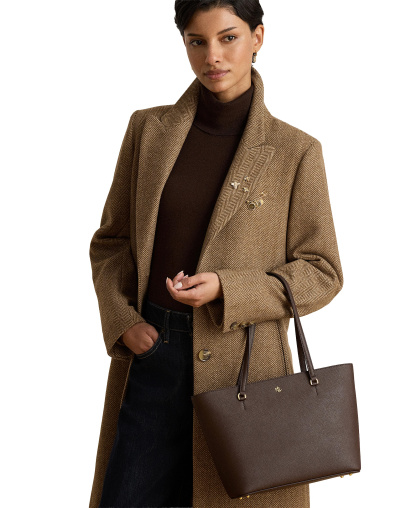 Lauren Ralph Lauren Crosshatch Leather Karly Medium Shopper Tote Handbag - Chestnut Brown
