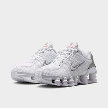 Big Kids' Nithtke Shox TL Casual Shoes - White/Metallic Silver/Max Orange/White - Both shoes facing left