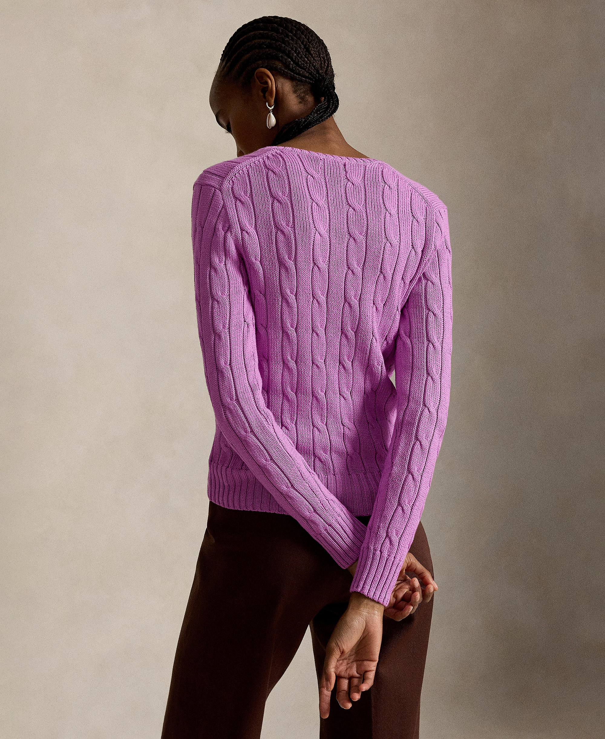 Polo Ralph Lauren Women's Cable-Knit Cotton V-Neck Sweater - Thistle Pink
