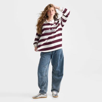 Women's adidas Originals Rugby Stripe Long-Sleeve Oversized Shirt - Maroon/Off White