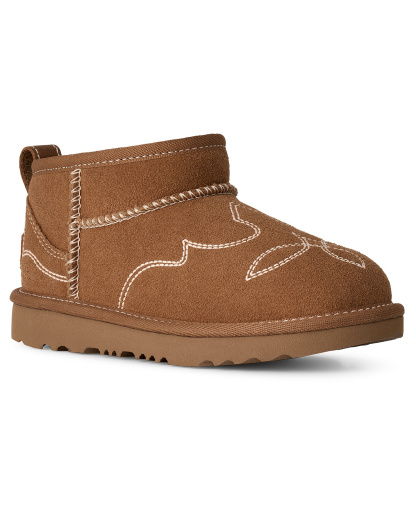 UGG® Kids Classic Ultra Mini Western Round Toe Booties - Chestnut