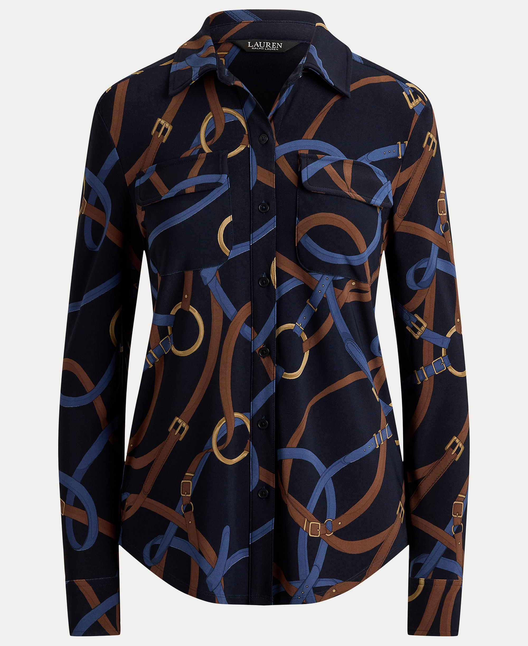 Lauren Ralph Lauren Women's Belting-Print Stretch Jersey Shirt - Navy Multi
