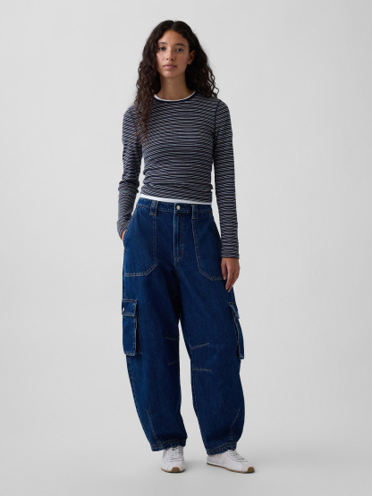 High Rise Barrel Cargo Jeans - Dark wash