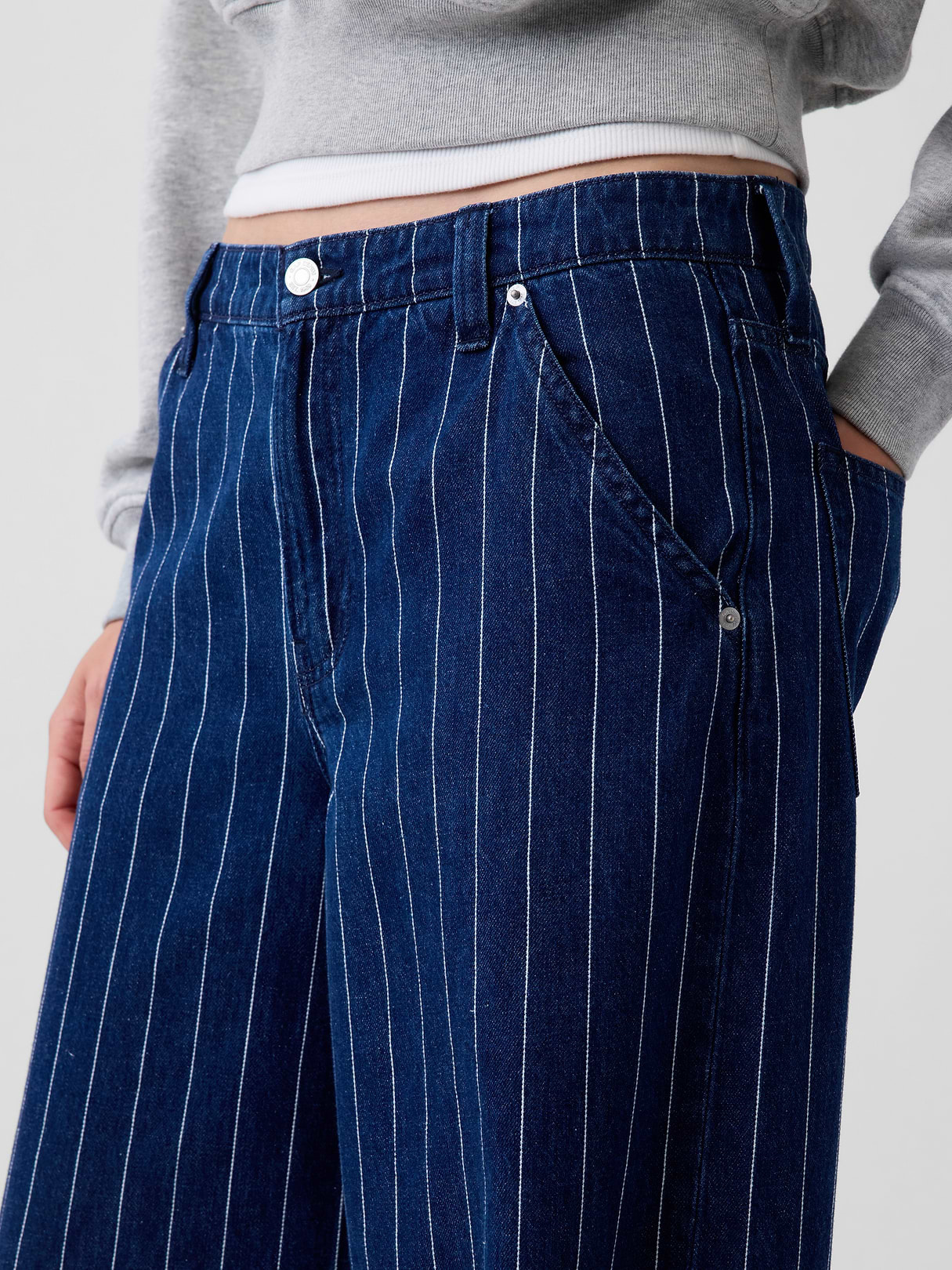 Mid Rise Denim Stripe Baggy Jeans - Navy blue stripe