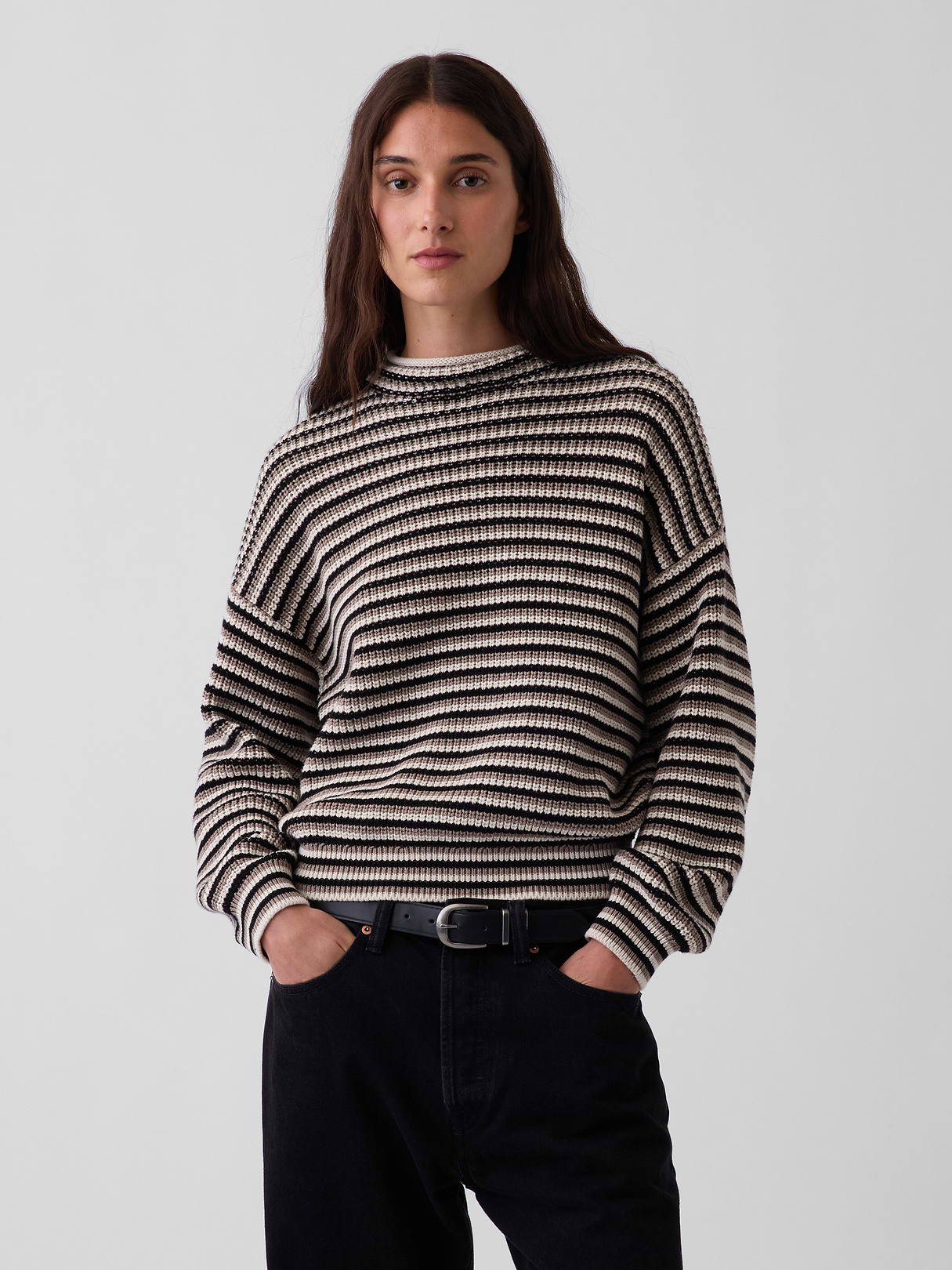 100% Cotton Oversized Rollneck Sweater - Black, grey, & off white stripe