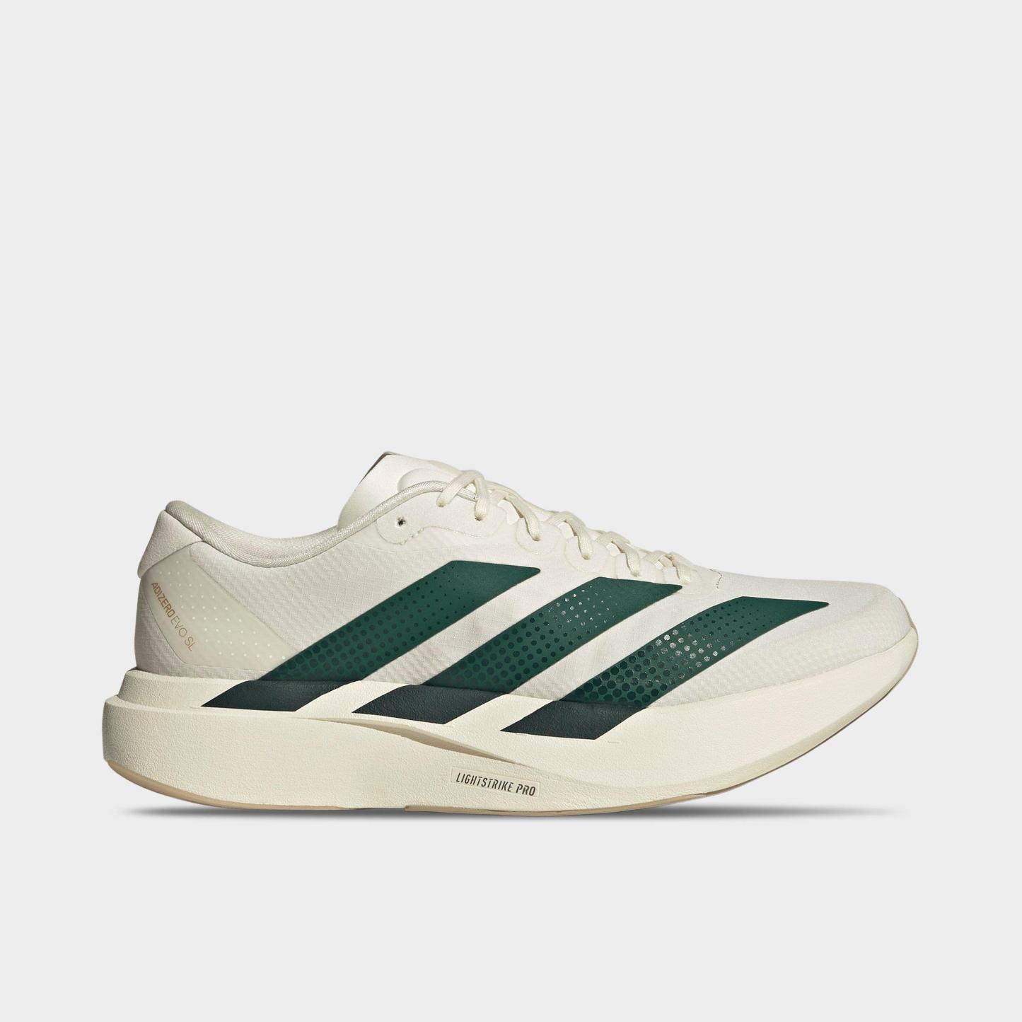 Men's adidas Adizero EVO SL Woven Running Shoes - Part 1 - Off White/Collegiate Green/Royal Blue - Left shoe facing left. Outside of the shoe.