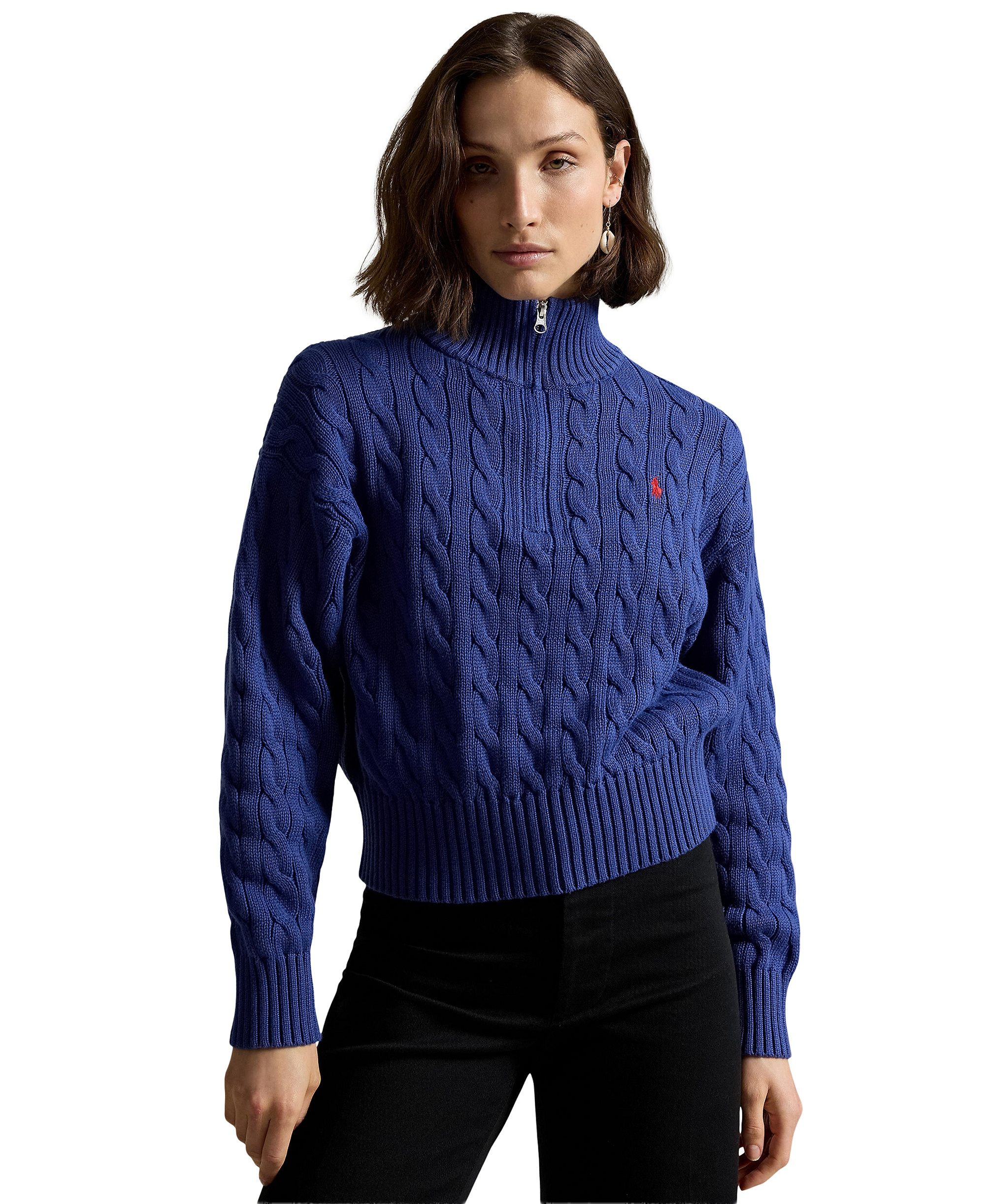 Polo Ralph Lauren Women's Cable-Knit Cotton Quarter-Zip Sweater - Charter Blue