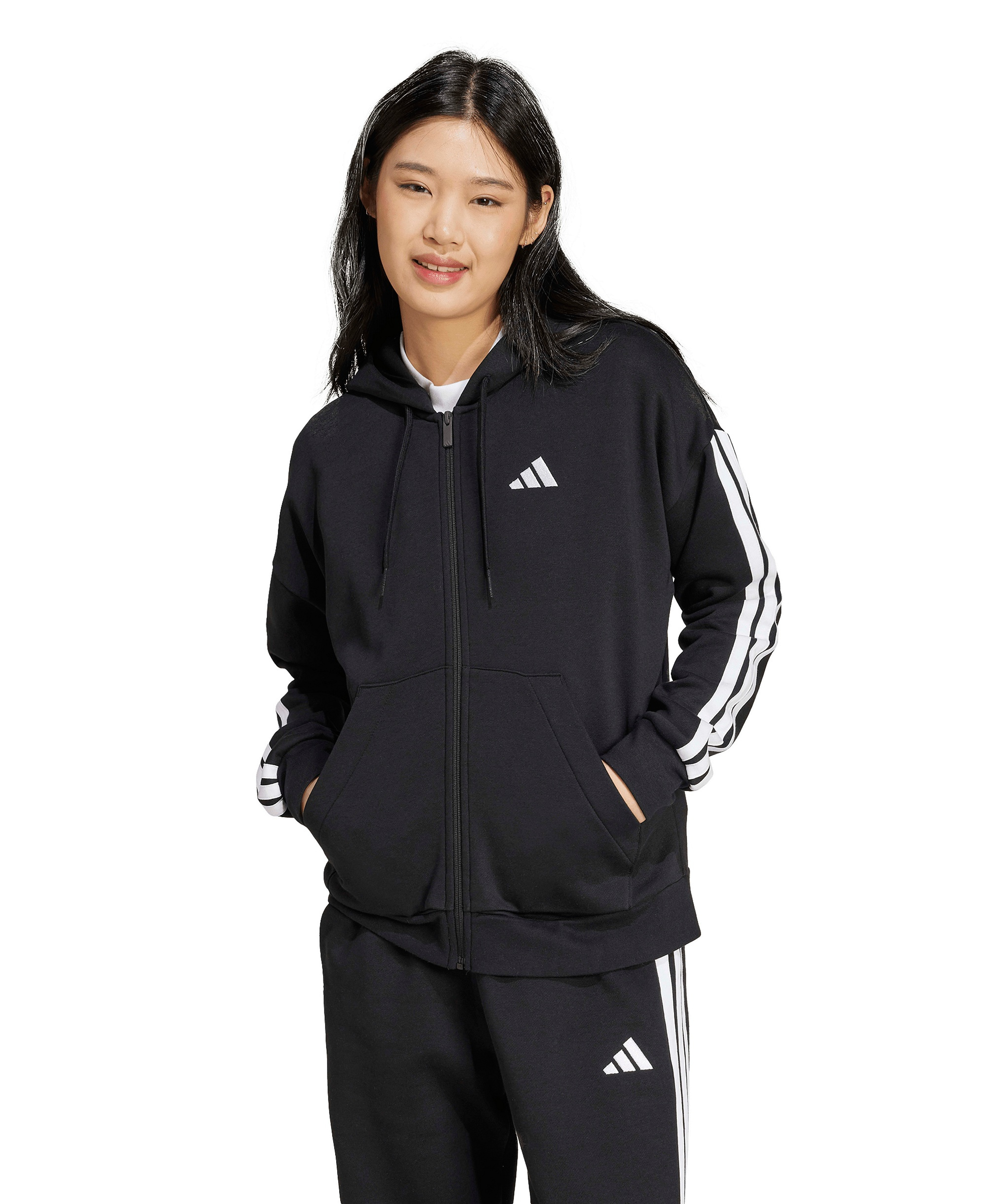 adidas Women's 3-Stripe Fleece Full-Zip Hoodie - Black/White