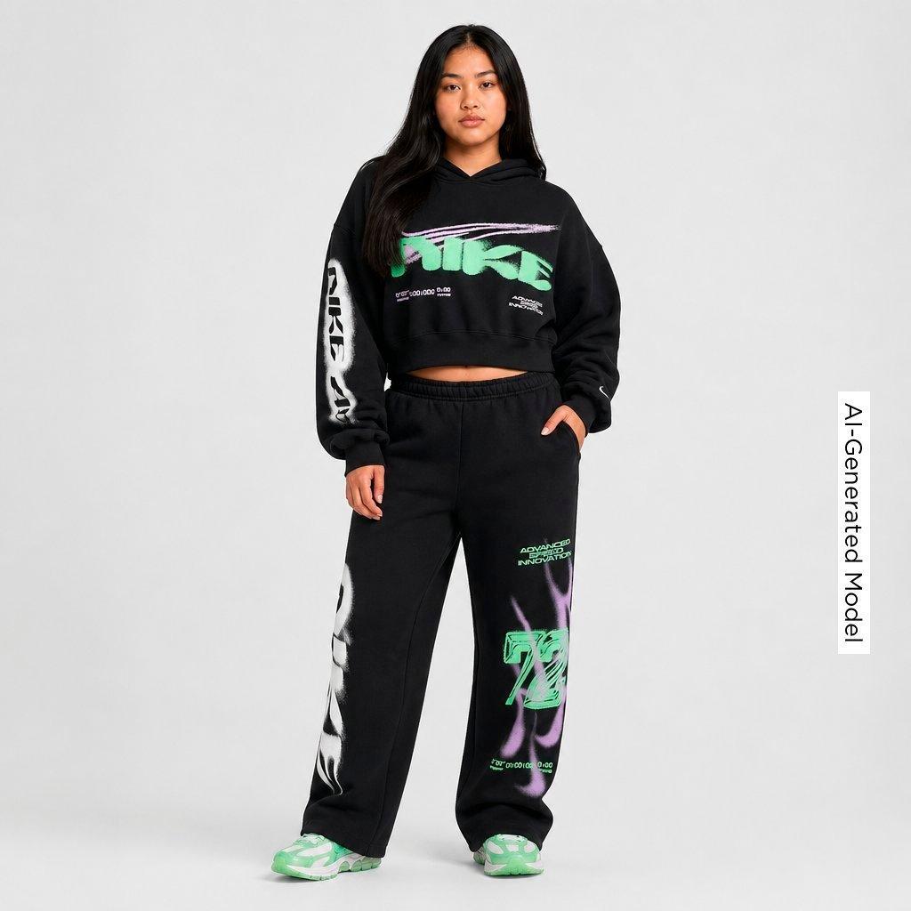 Women's Nithtke Studio Fleece Medium-Weight Oversized Cropped Pullover Hoodie - Black/Sail