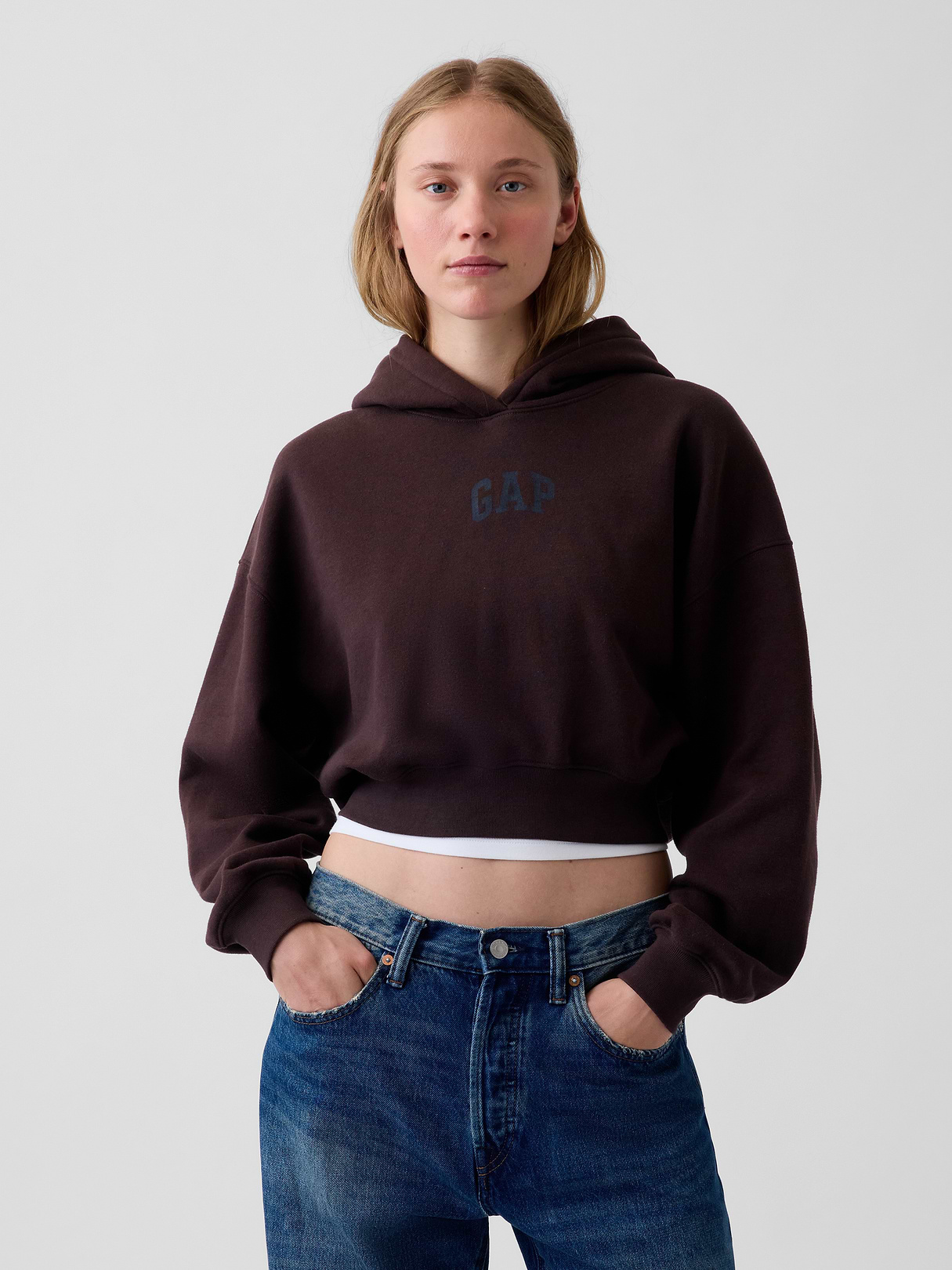 VintageSoft Crop Logo Hoodie - Brown