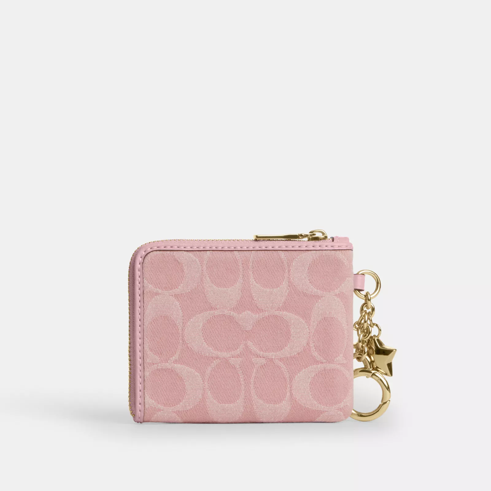 Small Corner Zip Wallet In Signature Denim With Charms - Gold/Light Pink - view 4