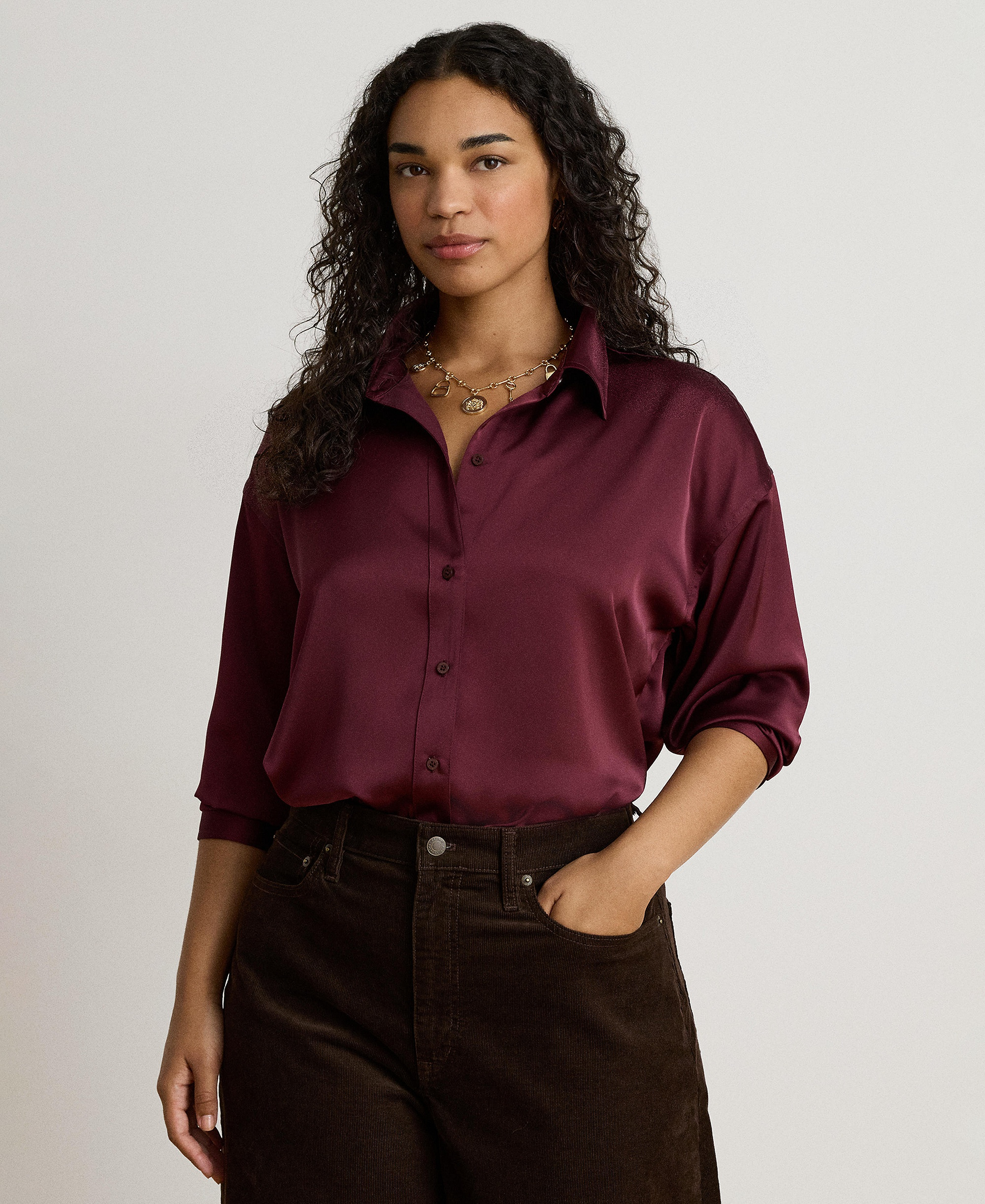 Lauren Ralph Lauren Women's Relaxed-Fit Satin Charmeuse Shirt - Dark Garnet