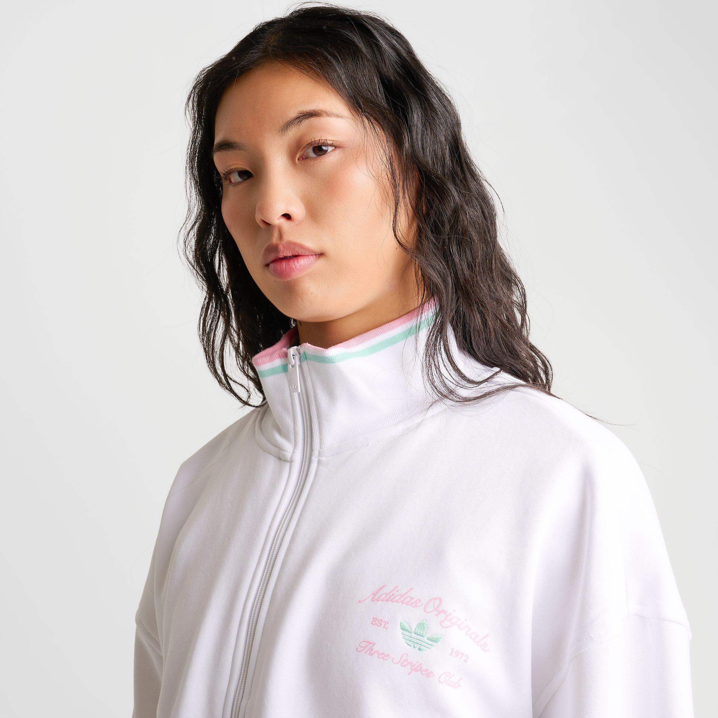 Women's adidas Originals Classic Sport Script Fleece Full-Zip Track Top - White/True Pink/Clear Mint