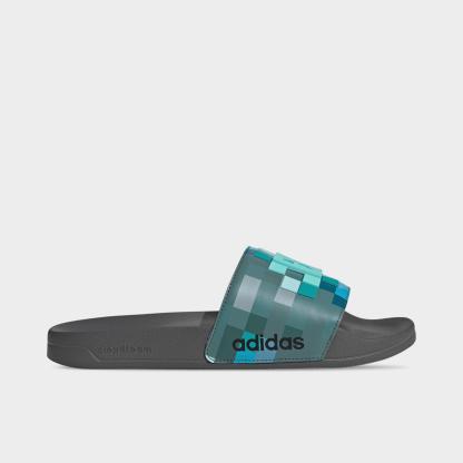 Men's adidas x Minecraft Adilette Shower Slide Sandals - Grey/Grey/Grey - Left shoe facing left. Outside of the shoe.