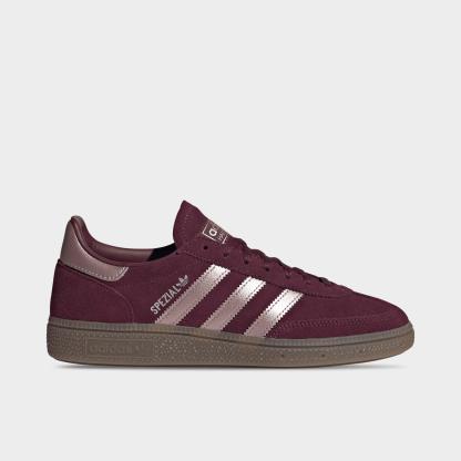 Women's adidas Originals Handball Spezial Casual Shoes - Part 3 - Maroon/Grey/Gum - Left shoe facing left. Outside of the shoe.