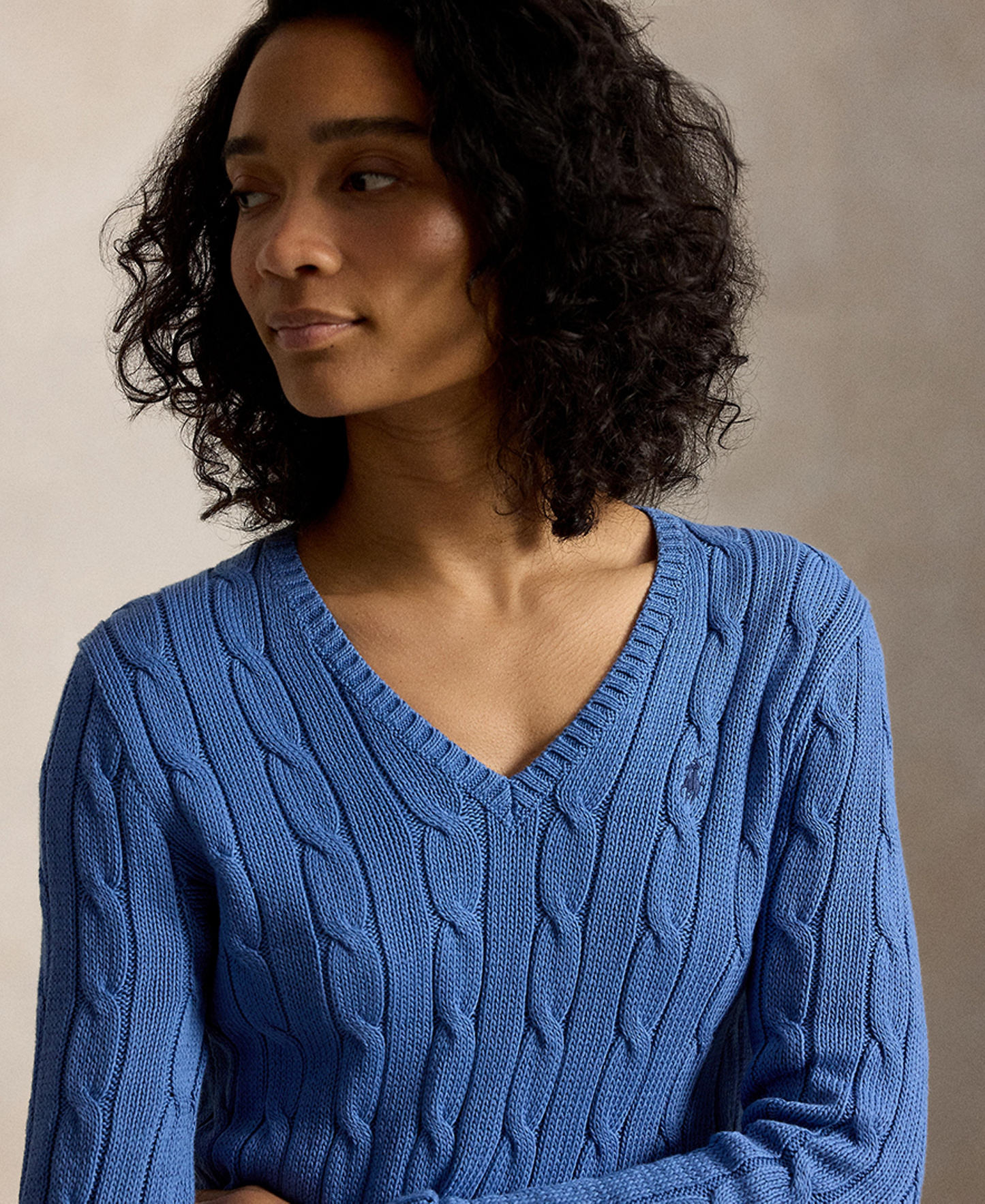 Polo Ralph Lauren Women's Cable-Knit Cotton V-Neck Sweater - Nimes Blue