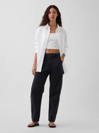 Mid Rise Barrel Utility Ankle Pants - Black
