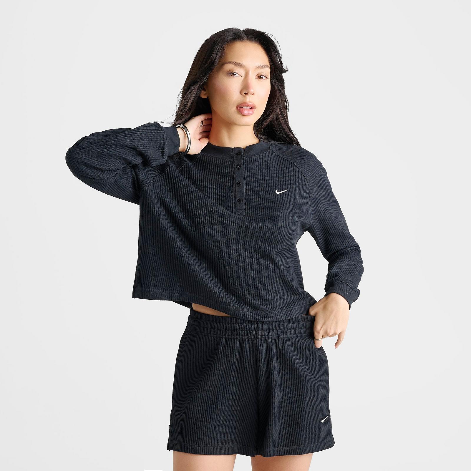 Women's Nike Sportswear Chill Waffle Oversized Long-Sleeve Henley Top - Black/Sail