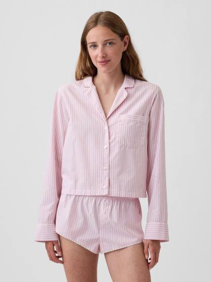 Poplin Oversized Crop PJ Shirt - Pink stripe