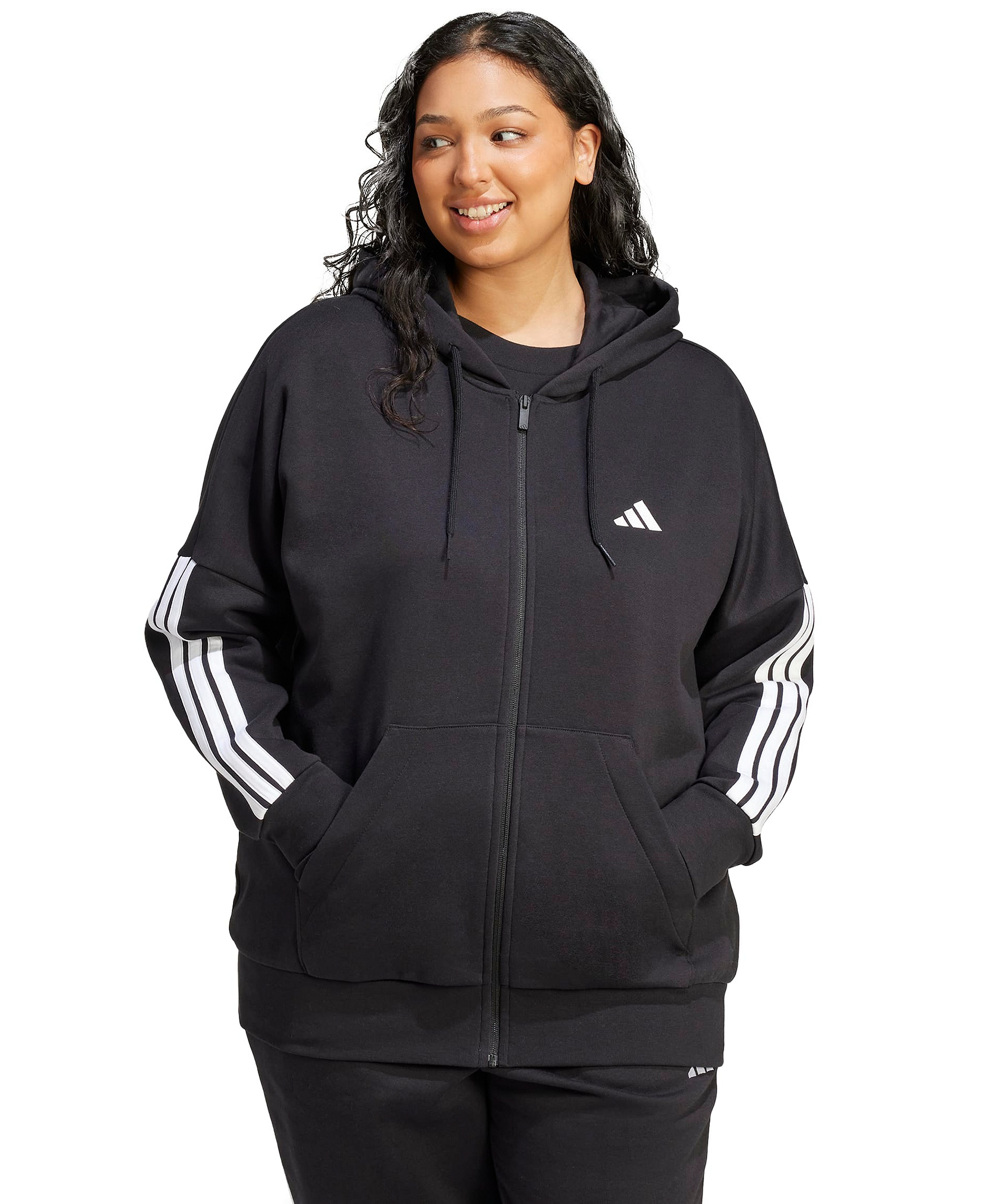 adidas Plus Size Essentials 3-Stripes Full-Zip Fleece Hoodie - Black