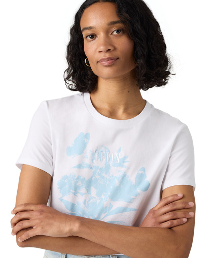 Levi's Women's Perfect Graphic Logo Cotton T-Shirt - Blur Florals With Serif Emb Bright White