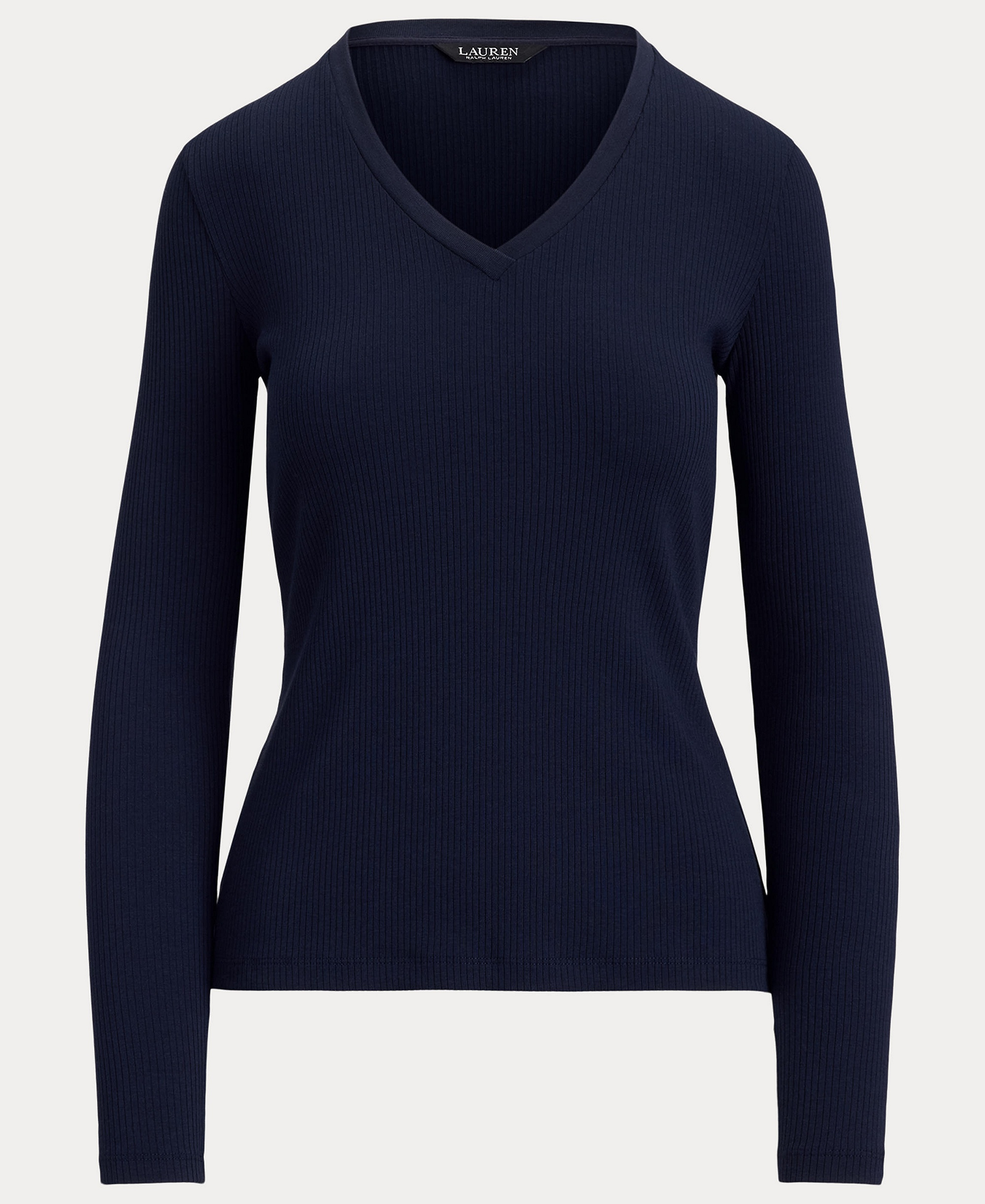 Lauren Ralph Lauren Women's Rib-Knit Long-Sleeve V-Neck Top - Lauren Navy