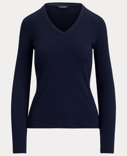 Lauren Ralph Lauren Women's Rib-Knit Long-Sleeve V-Neck Top - Lauren Navy